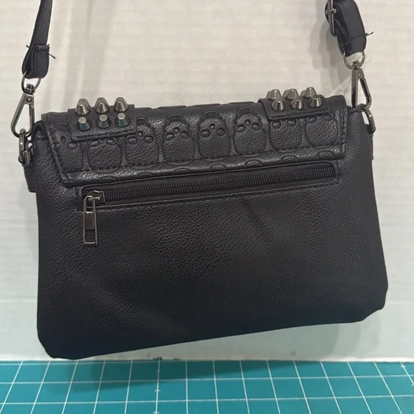 Studded Black Skull Embossed Crossbody Bag Purse Vegan Faux Leather 10x6.5x2 - Picture 8 of 12